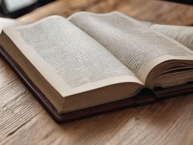 Large open book on a wooden table